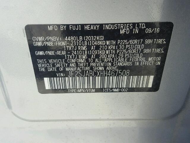 JF2SJABCXHH467508 - 2017 SUBARU FORESTER 2 SILVER photo 10