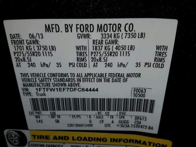 1FTFW1EF7DFC64444 - 2013 FORD F150 BLACK photo 10