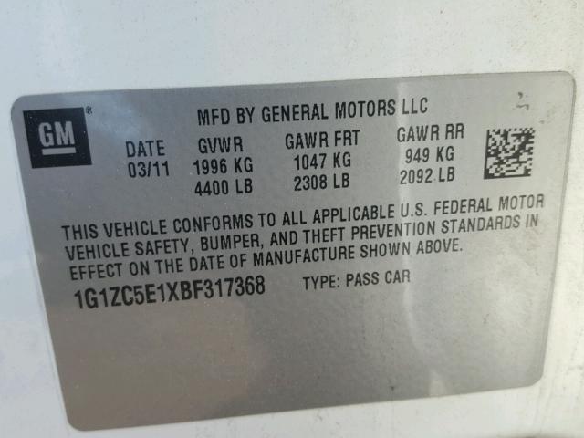 1G1ZC5E1XBF317368 - 2011 CHEVROLET MALIBU 1LT 白色 照片 10