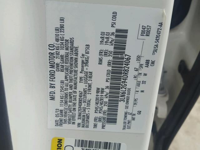 3LN6L2G94DR824067 - 2013 LINCOLN MKZ Սպիտակ լուսանկար 10