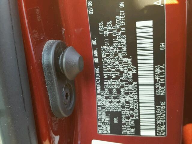 5TDZK22C48S170178 - 2008 TOYOTA SIENNA XLE RED photo 10