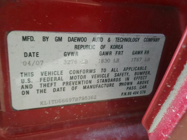 KL1TD66697B795362 - 2007 CHEVROLET AVEO BASE Czerwony zdjęcie 10
