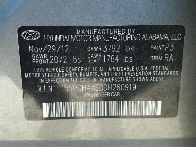 5NPDH4AE0DH260919 - 2013 HYUNDAI ELANTRA GL GRAY photo 10