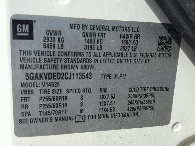 5GAKVDED2CJ113543 - 2012 BUICK ENCLAVE WHITE photo 10