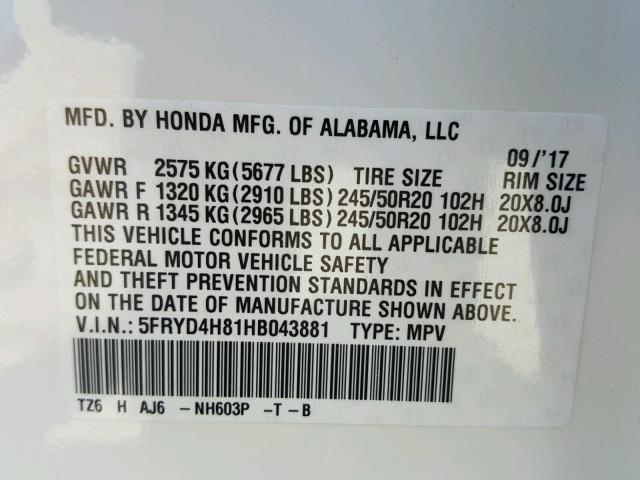 5FRYD4H81HB043881 - 2017 ACURA MDX ADVANC თეთრი ფოტო 10