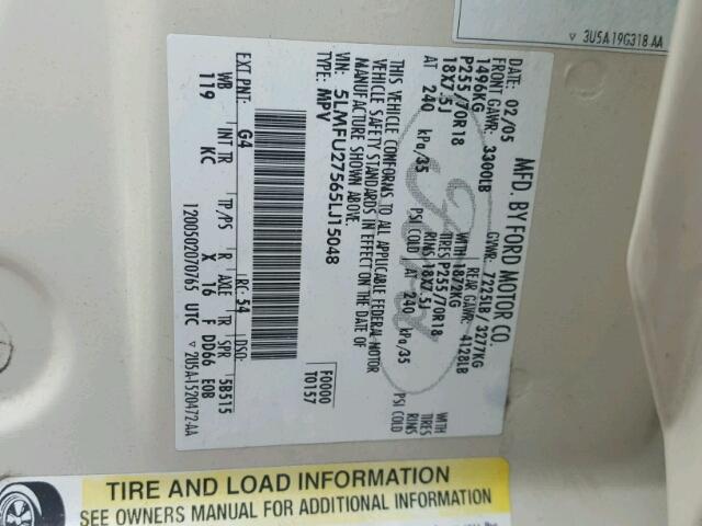 5LMFU27565LJ15048 - 2005 LINCOLN NAVIGATOR კრემისფერი ფოტო 10