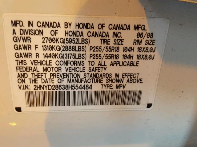 2HNYD28638H554484 - 2008 ACURA MDX TECHNO WHITE photo 10