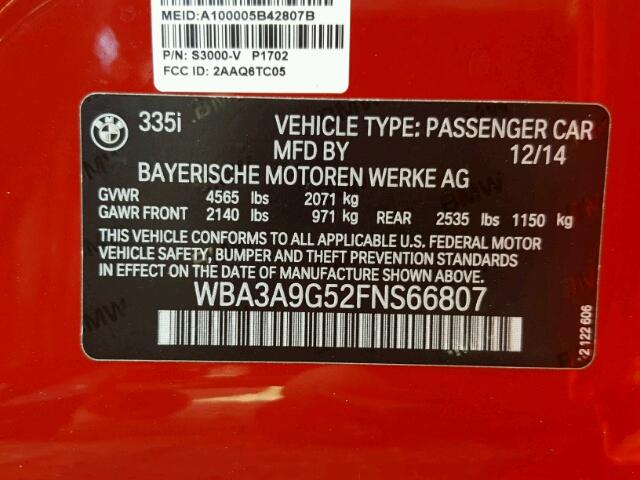 WBA3A9G52FNS66807 - 2015 BMW 335 I RED photo 10