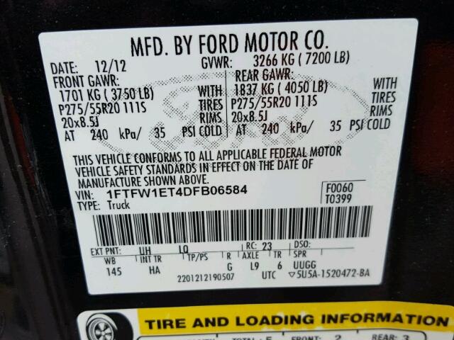 1FTFW1ET4DFB06584 - 2013 FORD F150 SUPER BLACK photo 10