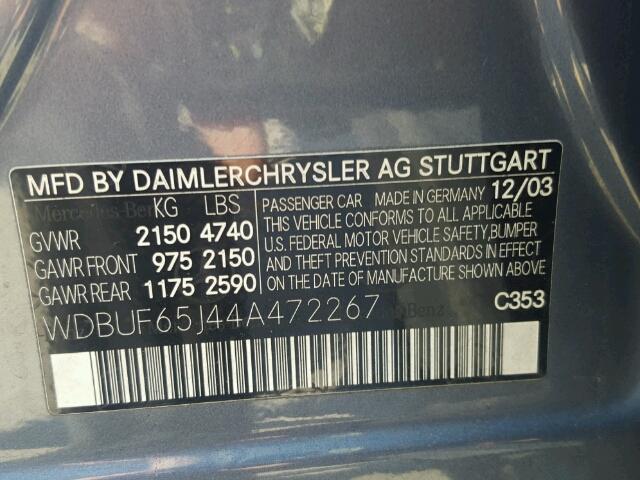 WDBUF65J44A472267 - 2004 MERCEDES-BENZ E 320 BLUE photo 10