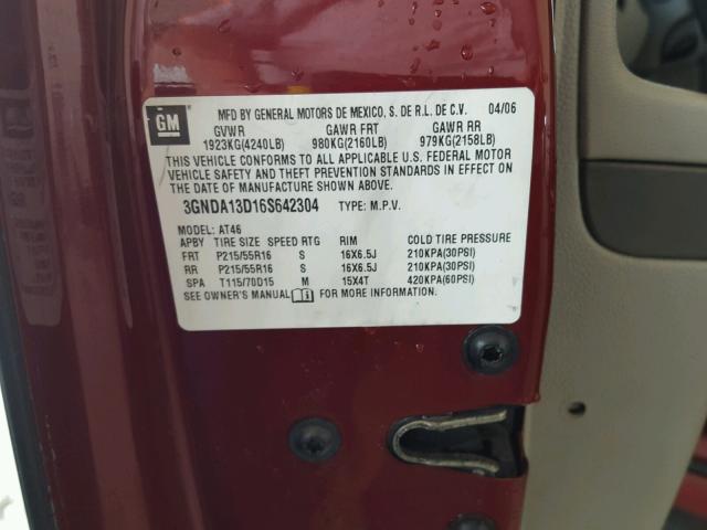 3GNDA13D16S642304 - 2006 CHEVROLET HHR LS BURGUNDY photo 10