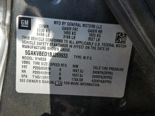 5GAKVBED1BJ269933 - 2011 BUICK ENCLAVE CX GRAY photo 10