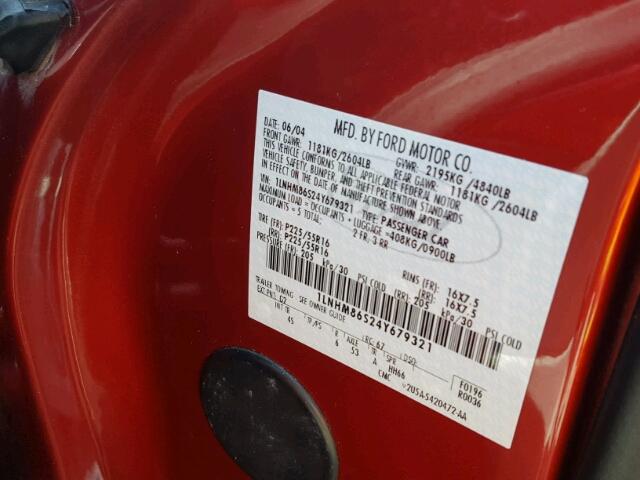 1LNHM86S24Y679321 - 2004 LINCOLN LS 红色 照片 10