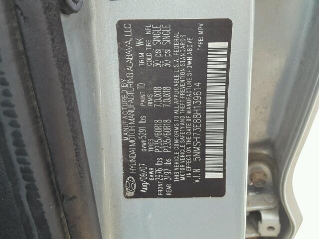 5NMSH73E88H139614 - 2008 HYUNDAI SANTA FE S SILVER photo 10