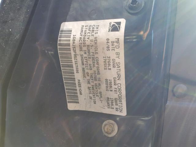 1G8AJ52F95Z167406 - 2005 SATURN ION LEVEL BLACK photo 10