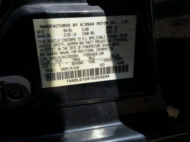 1N4DL01DX1C203204 - 2001 NISSAN ALTIMA XE BLACK photo 10