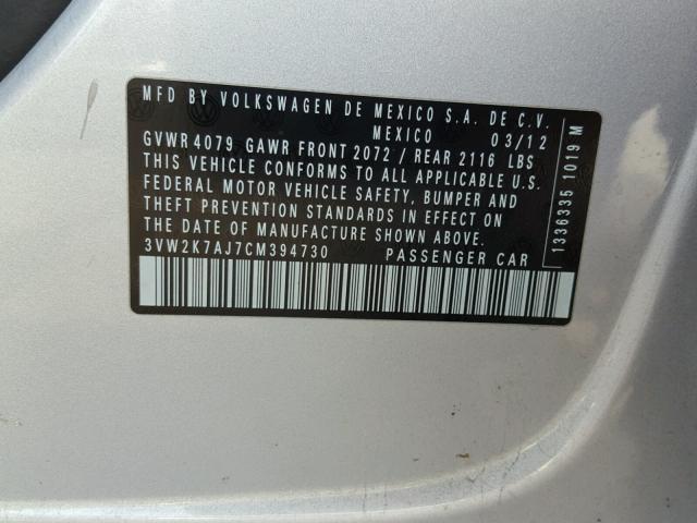3VW2K7AJ7CM394730 - 2012 VOLKSWAGEN JETTA BASE Արծաթագույն լուսանկար 10