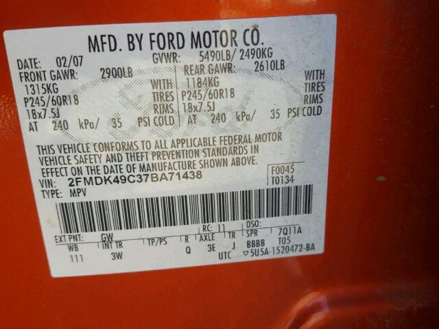 2FMDK49C37BA71438 - 2007 FORD EDGE SEL P ORANGE photo 10