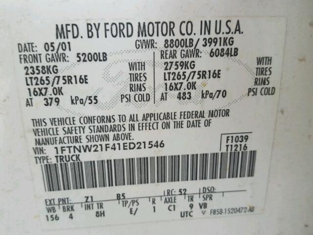 1FTNW21F41ED21546 - 2001 FORD F250 SUPER WHITE photo 10