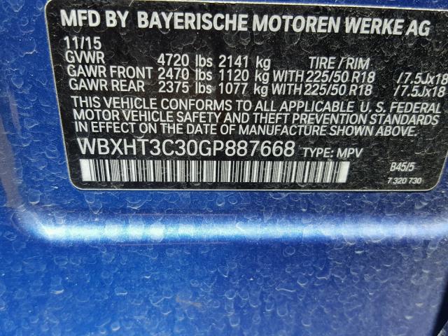 WBXHT3C30GP887668 - 2016 BMW X1 XDRIVE2 BLUE photo 10