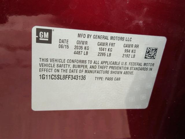 1G11C5SL8FF343136 - 2015 CHEVROLET MALIBU 1LT MAROON photo 10