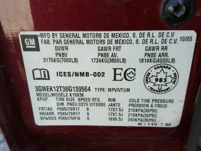 3GNEK12T36G139564 - 2006 CHEVROLET AVALANCHE MAROON photo 10