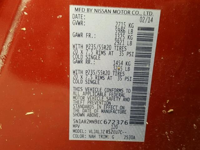 5N1AR2MN9EC672376 - 2014 NISSAN PATHFINDER RED photo 10