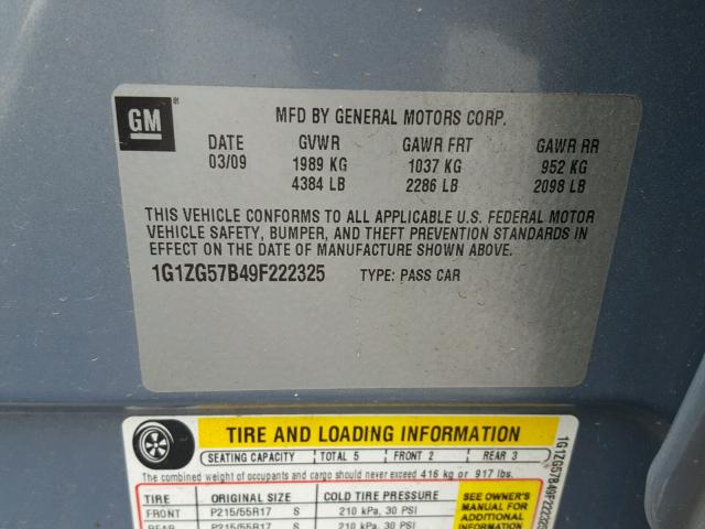 1G1ZG57B49F222325 - 2009 CHEVROLET MALIBU LS 蓝色 照片 10