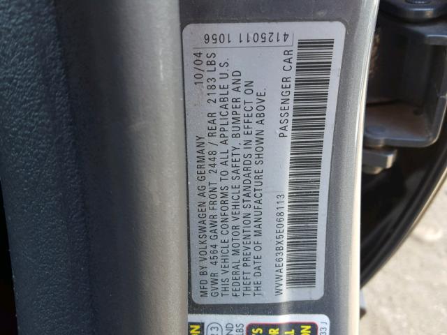 WVWAE63BX5E068113 - 2005 VOLKSWAGEN PASSAT GLS GRAY photo 10