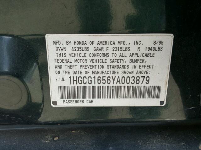 1HGCG1656YA003879 - 2000 HONDA ACCORD GREEN photo 10