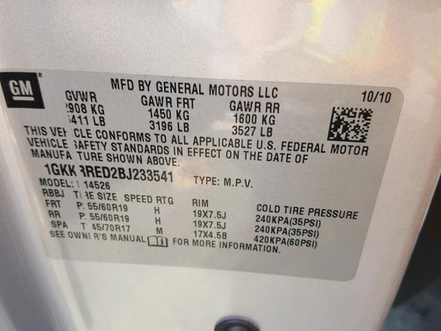 1GKKRRED2BJ233541 - 2011 GMC ACADIA SLT ვერცხლისფერი ფოტო 10