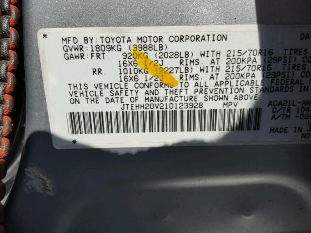 JTEHH20V210123928 - 2001 TOYOTA RAV4 SILVER photo 10