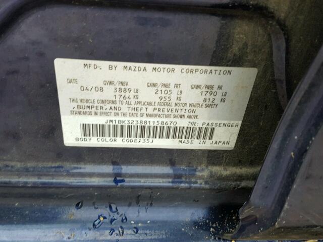 JM1BK323881158670 - 2008 MAZDA 3 S BLUE photo 10