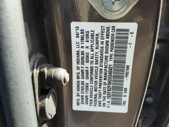 19XFB2F99DE040421 - 2013 HONDA CIVIC EXL 棕色 照片 10