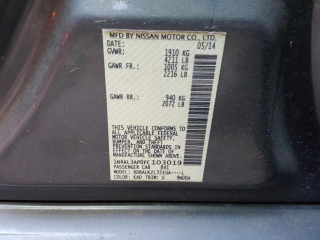 1N4AL3AP0FC103019 - 2015 NISSAN ALTIMA 2.5 GRAY photo 10