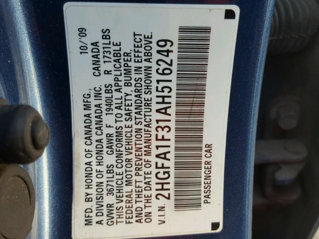 2HGFA1F31AH516249 - 2010 HONDA CIVIC VP BLUE photo 10