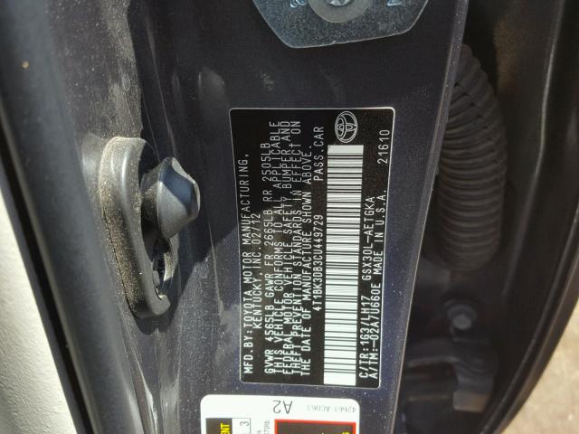 4T1BK3DB3CU449729 - 2012 TOYOTA AVALON BAS GRAY photo 10