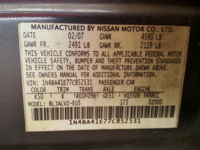 1N4BA41E77C852531 - 2007 NISSAN MAXIMA SE BLUE photo 10