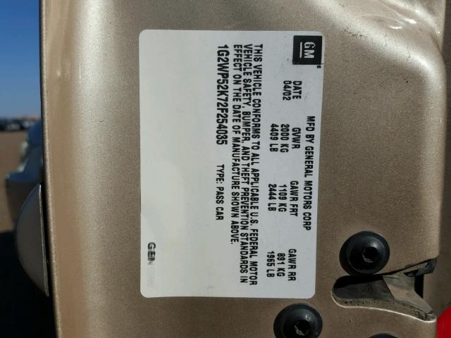 1G2WP52K72F254035 - 2002 PONTIAC GRAND PRIX GOLD photo 10