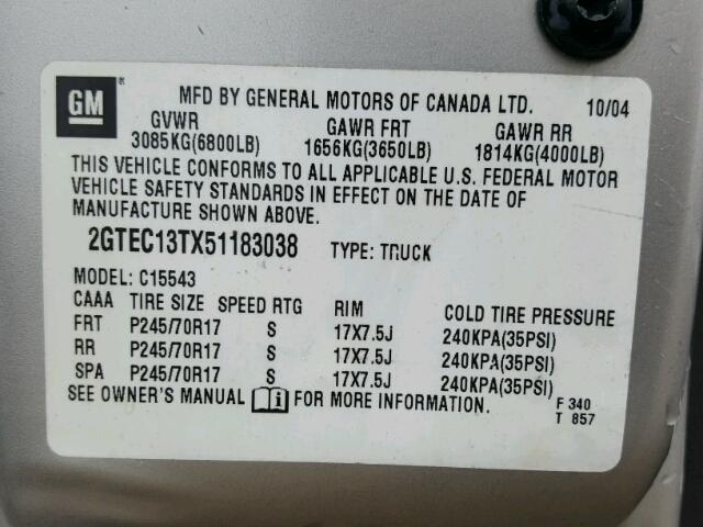 2GTEC13TX51183038 - 2005 GMC NEW SIERRA SILVER photo 10