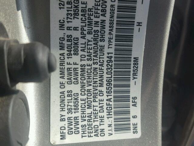 1HGFA16596L032941 - 2006 HONDA CIVIC LX SILVER photo 10