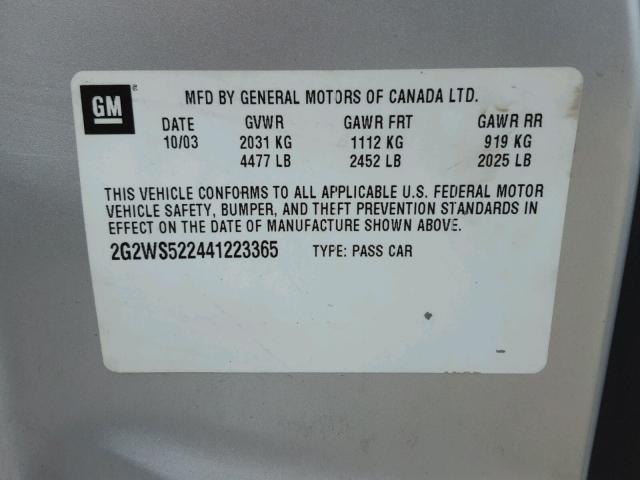 2G2WS522441223365 - 2004 PONTIAC GRAND PRIX SILVER photo 10