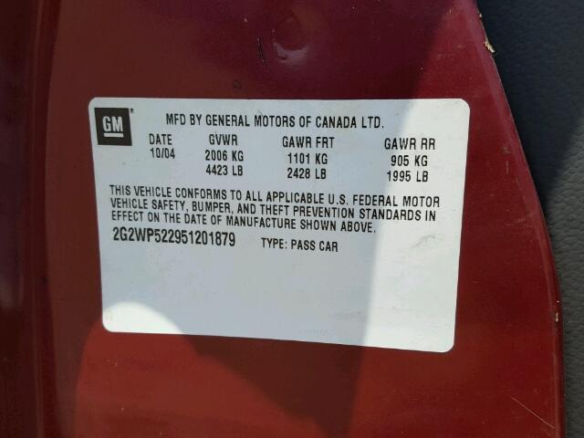 2G2WP522951201879 - 2005 PONTIAC GRAND PRIX BURGUNDY photo 10