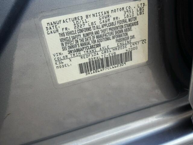 3N1AB6AP7CL662309 - 2012 NISSAN SENTRA GRAY photo 10