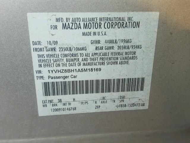 1YVHZ8BH1A5M18169 - 2010 MAZDA 6 I SILVER photo 10