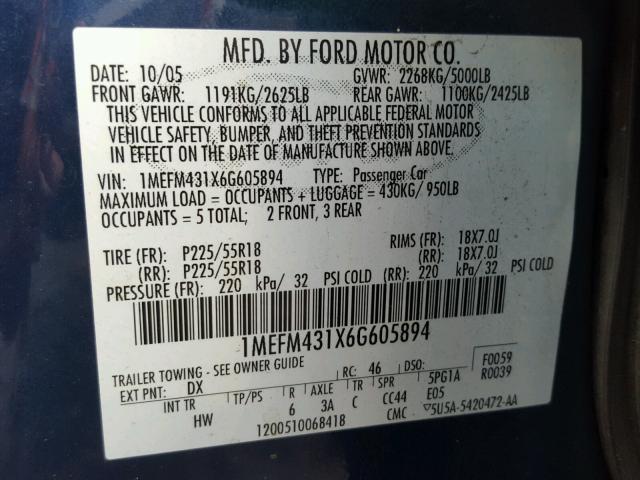 1MEFM431X6G605894 - 2006 MERCURY MONTEGO PR 蓝色 照片 10