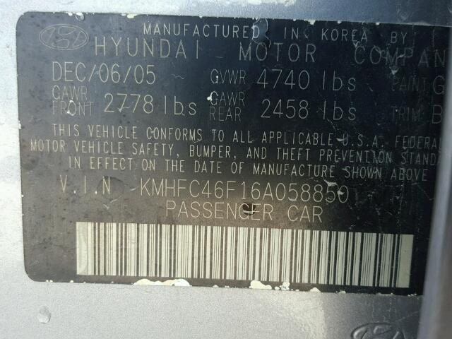 KMHFC46F16A058850 - 2006 HYUNDAI AZERA SE GRAY photo 10