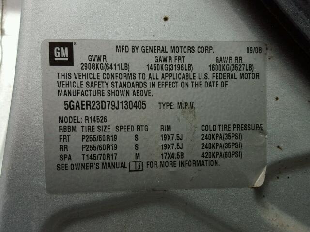 5GAER23D79J130405 - 2009 BUICK ENCLAVE CX SILVER photo 10