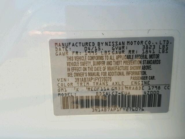 3N1AB7AP1FY276076 - 2015 NISSAN SENTRA S WHITE photo 10