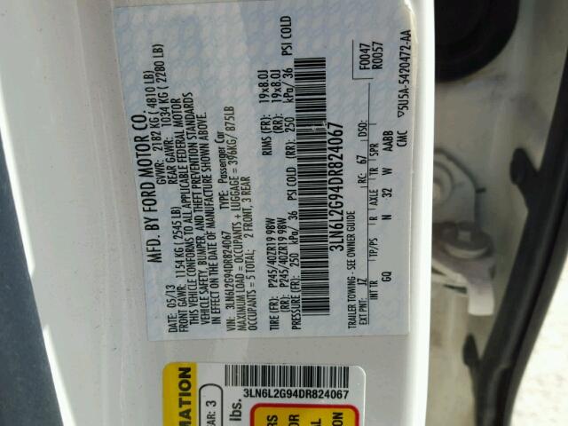 3LN6L2G94DR824067 - 2013 LINCOLN MKZ Սպիտակ լուսանկար 10